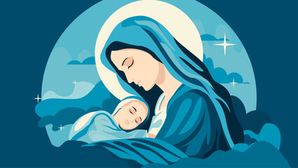 Vector Illustration of Mother Mary holding Baby Jesus on Christmas morning.
