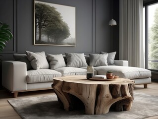 Tree stump coffee table near white sofa with grey pillows. Scandinavian home interior design