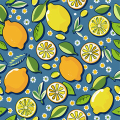 Vector bright summer pattern with tropical 
fruits lemon, small white flowers, leaves on 
blue background. Fashion ornament for fabric, paper, 
textiles, notepad, 
woman clothing, card, packaging.