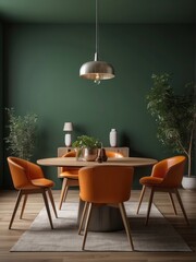  chairs at wooden round dining table. Scandinavian home interior design of modern dining room - obrazy, fototapety, plakaty