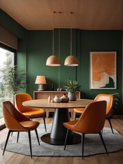 chairs at wooden round dining table. Scandinavian home interior design of modern dining room