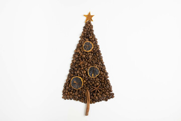 Coffee bean spruce with dried lemon slices, cinnamon on a white background