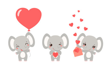 Cute valentine animal illustration. Kawaii elephant holding heart shape balloon, cake, envelope with paper hearts. Cartoon character emoji vector. Love mascot for valentine day greeting. Flat design.