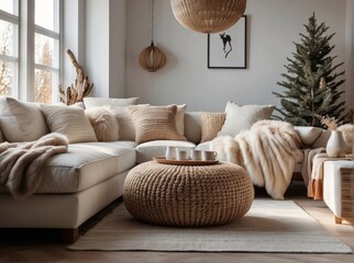 Wicker pouf near white sofa with fur pillows and woolen blanket