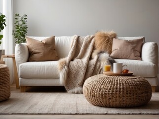 Wicker pouf near white sofa with fur pillows and woolen blanket