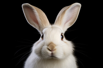 Obraz premium white rabbit on black background. Macro. Full length rabbit isolated on black.Closeup Head Funny Little rabbit, Brown Fur, isolated on Black Background, Front view