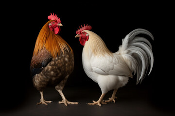 Fototapeta premium rooster on the background. Close-up of rooster against black background. Colorful rooster symbol head angry .Close-up portrait of two black hens 