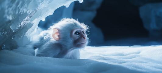 macaco albino selvagem entrando em uma caverna de gelo - Papel de parede - obrazy, fototapety, plakaty