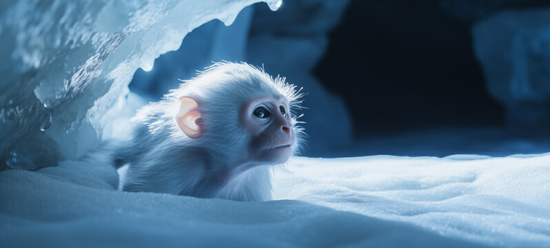 macaco albino selvagem entrando em uma caverna de gelo - Papel de parede