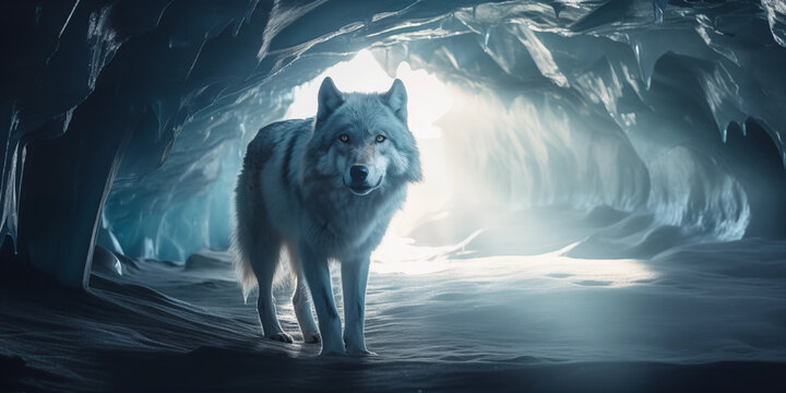 lobo cinzento selvagem dentro de uma caverna de gelo com a luz do sol no fundo - Papel de parede