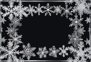 Frame with snow ice crystals snowflakes isolated on black background with copy space