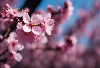 Fototapeta na wymiar Spring flower banner panorama - Pink beautiful blooming cherry blossoms with bokeh