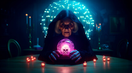 Old ugly witch with her magic crystal, skull as a bad omen - obrazy, fototapety, plakaty