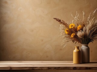 Wooden table with vase with bouquet of dried field flowers near empty, blank mustard wall - obrazy, fototapety, plakaty