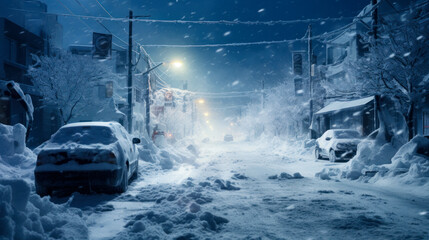Heavy snowfall in residential area, evening
