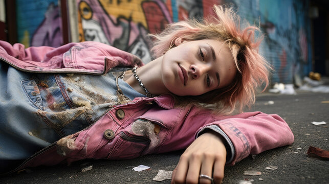 Young girl addicted to opiates lying on the street - modern fentanyl epidemic concept