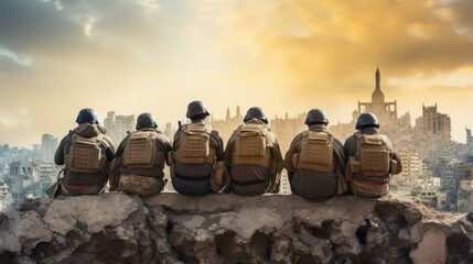 Squad of soldiers sitting on ruins - obrazy, fototapety, plakaty