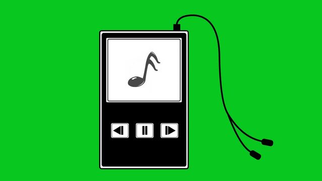 video animation icon black and white music player, with musical notes sign. On a green chroma key background