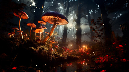 Glowing magic mushroom forest