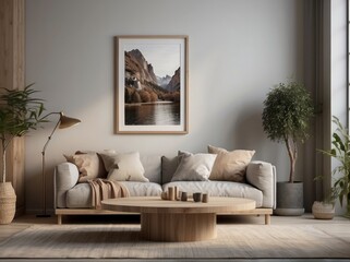 Round wooden coffee table near white sofa against wall with poster frame.