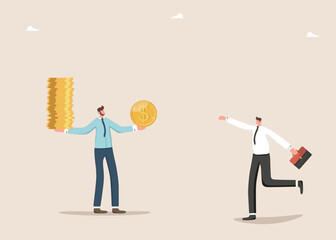 Teamwork for income or salary growth, cooperation for financial and economic stability, leadership assistance in increasing investments or savings, increasing value of currency, leader gives man coin.