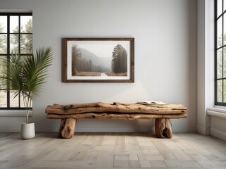 Rustic old wood log bench near white wall with art poster frame - obrazy, fototapety, plakaty