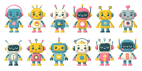 Set of cheerful funny cartoon children's robots. Cute cyborgs, futuristic modern bots, android, smiling characters in flat vector illustration isolated on white background. Science technology concept.