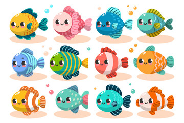 Vector set of colorful cute funny fishes. Undersea world. Aquarium. Oceanic and sea bright colorful fish