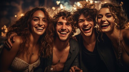 group of diverse friends young men and woman happy on new year's eve party with champagne and fireworks - obrazy, fototapety, plakaty