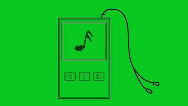 video drawing animation icon black outline music player, with musical notes sign. On a green chroma key background