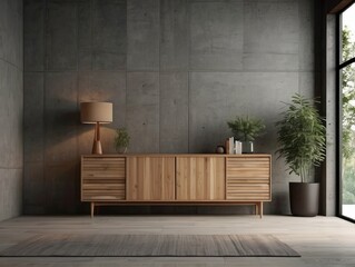 Wooden sideboard in modern living room, concrete wall with wooden paneling