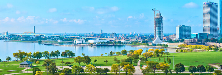 Aerial View of Milwaukee Skyline and Green Park by Lake Michigan Panorama