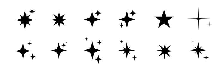 Minimalist silhouette Star icons, star shape vector set. Abstract y2k sparkles. Twinkling stars, abstract sparkle black silhouettes symbol shining burst. Vector