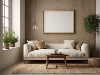 Rustic sofa with white cushions next to accent end table against beige wall with empty mock up frame