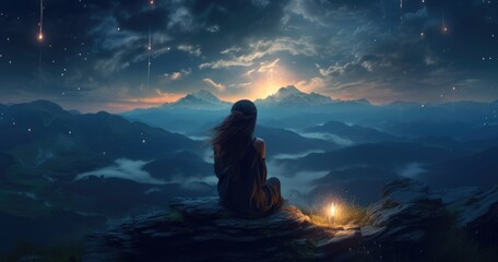 Serene mountain repose: girl finding tranquility in nature's embrace, panoramic relaxation amid breathtaking landscapes. - obrazy, fototapety, plakaty