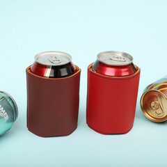 Leather drink holder in different colors. Concept shot, top view. Custom background, Leather Drink Holder view. Leather Can Holder, leather beverage holder.