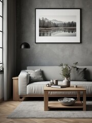 Rustic sofa and coffee table against wall with shelf and frame poster. Scandinavian home interior