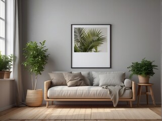 Cute loveseat sofa next to potted houseplant Against wall with frame poster. Scandinavian home