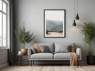 Cute loveseat sofa next to potted houseplant Against wall with frame poster. Scandinavian home