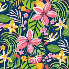 Vector bright summer pattern with tropical flowers 
and green leaves on a blue background. Floral 
fashion ornament for women clothing, fabric, 
textile, paper, notepad, card, packaging.