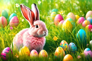 Images for Easter holiday. Pink cute rabbit in the grass on a flower meadow and colorful painted eggs on a sunny day. Generative AI - obrazy, fototapety, plakaty
