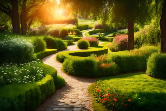 Winding path in summer garden in sunlight. Landscaping in garden with beautiful green lawn, thuja and Apple trees, panoram