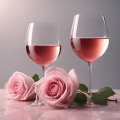 Duas ta&ccedil;as de vinho rose ao lado de duas rosas
