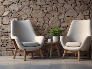 Two armchairs against stone pebble cladding wall. Mediterranean home interior