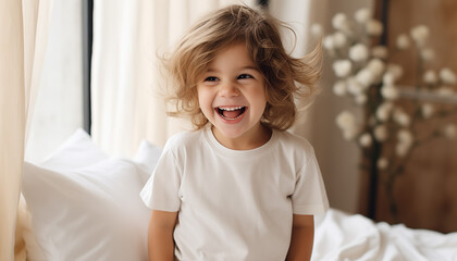 Laughing happy boy 5 years old sitting on bed in white clothes in the morning