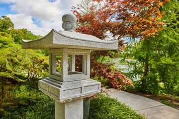Japanese Stone Lantern in Autumnal Botanic Garden