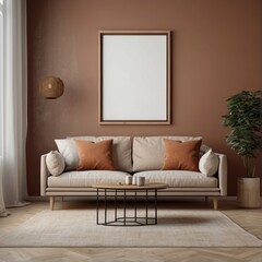 Beige sofa with terra cotta pillows against wall with empty mock up poster frame
