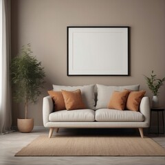 Beige sofa with terra cotta pillows against wall with empty mock up poster frame