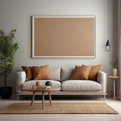 Beige sofa with terra cotta pillows against wall with empty mock up poster frame