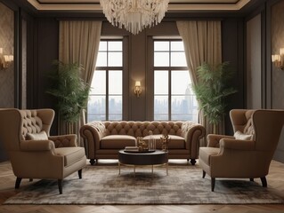 Beige tufted chesterfield sofa and brown wing chairs. Art deco interior design